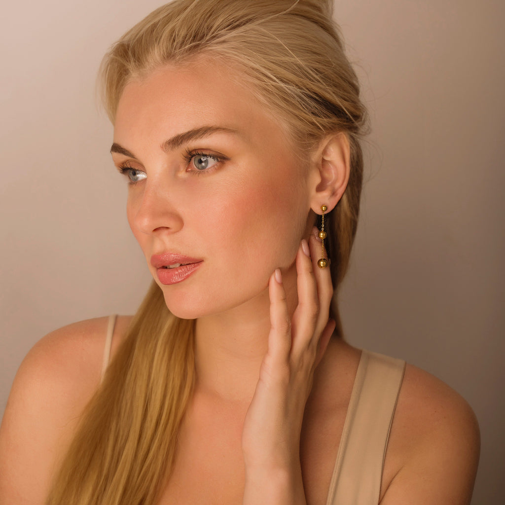 Gold stud beaded dangling earrings 