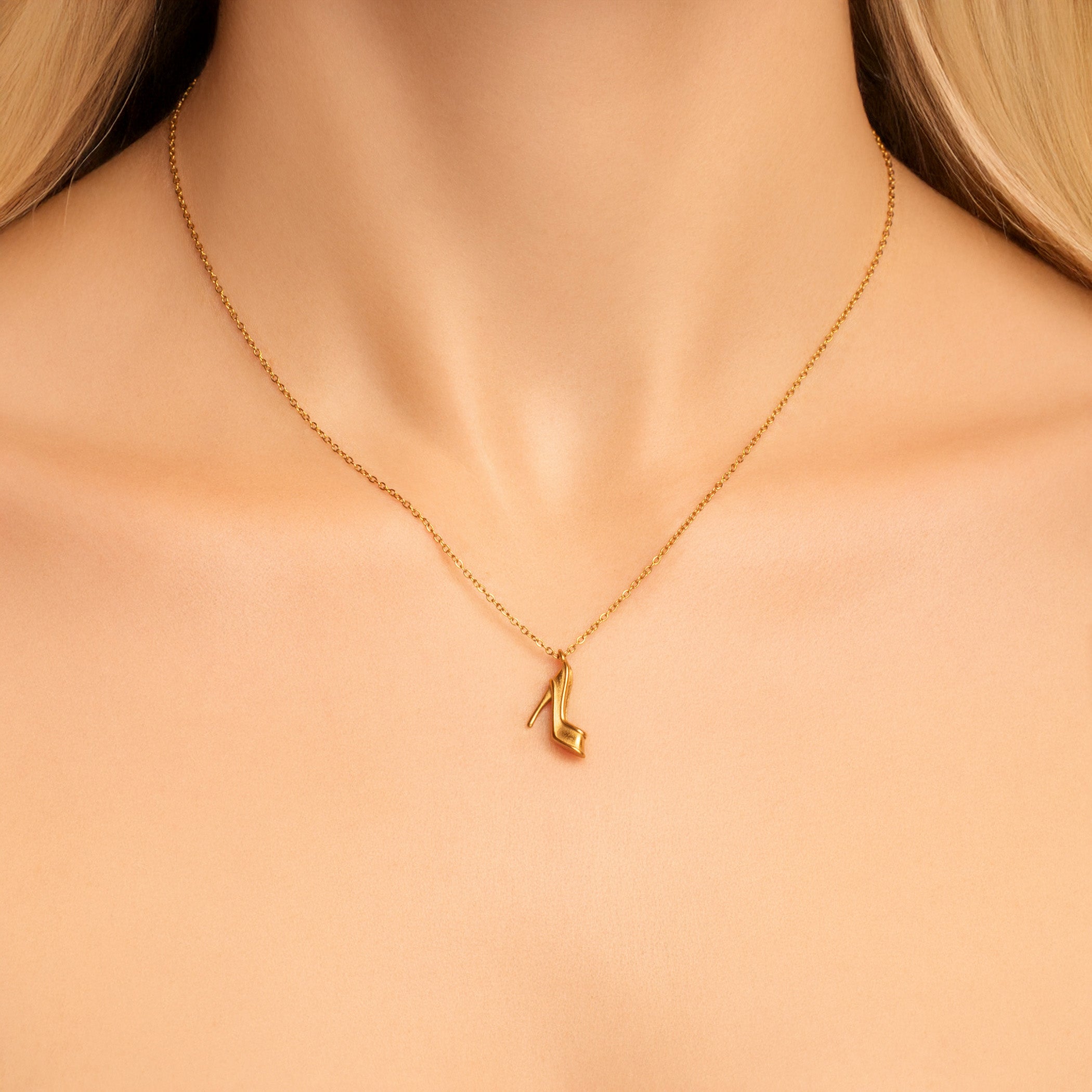 dainty high heel gold shoe necklace