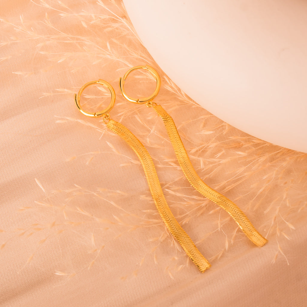 dangling gold snake chain hoop earrings