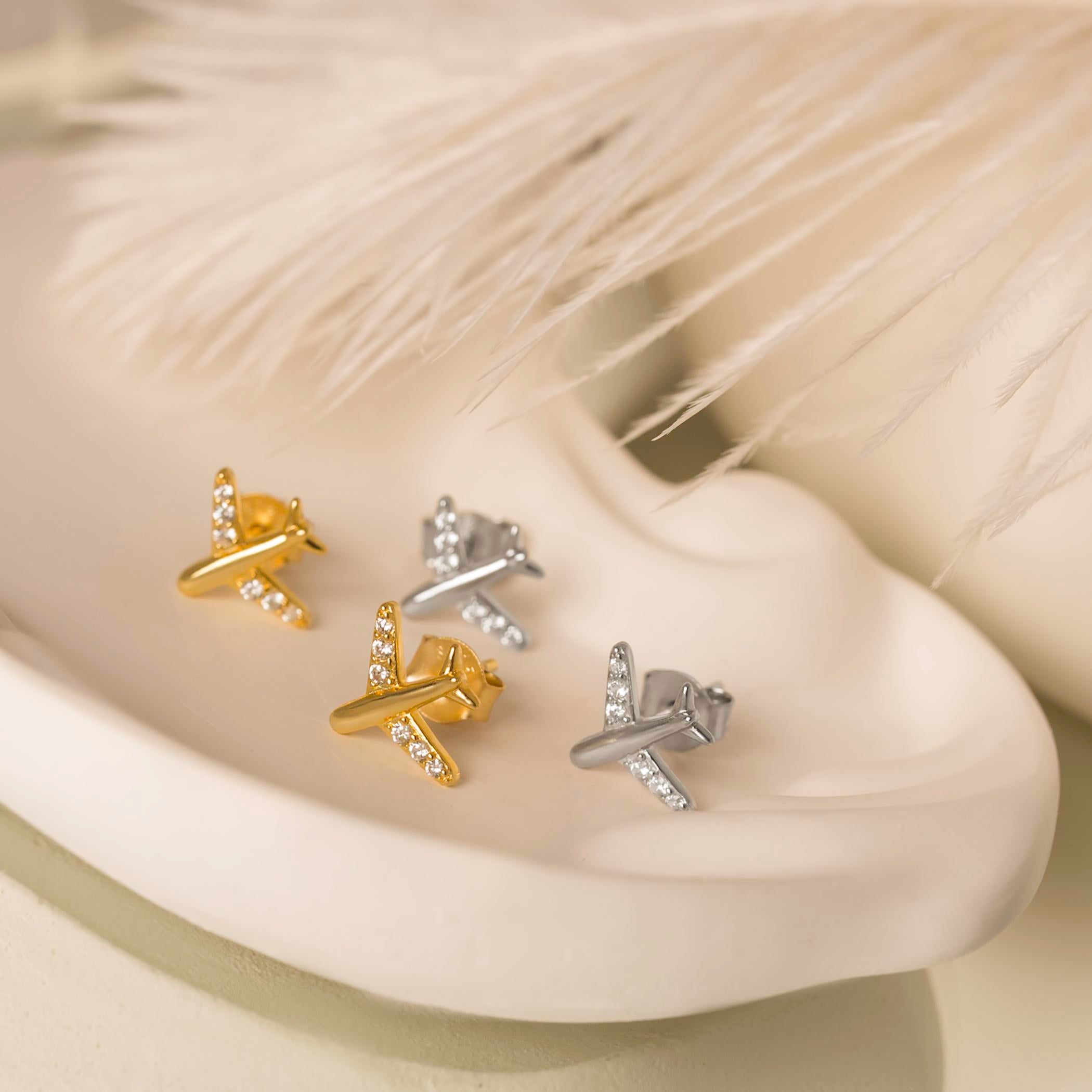 gold silver plane earrings